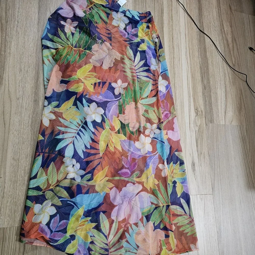 Citrus Multi-Colored Hawaiian Flowers Beach Sarong High Slit Cover Up Size Small